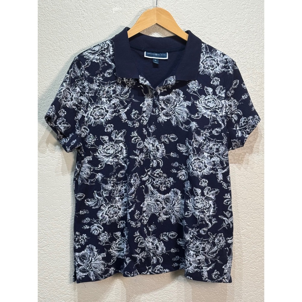 Karen Scott Womens XL Navy White Floral Short Sleeve Polo Shirt Cotton Blend